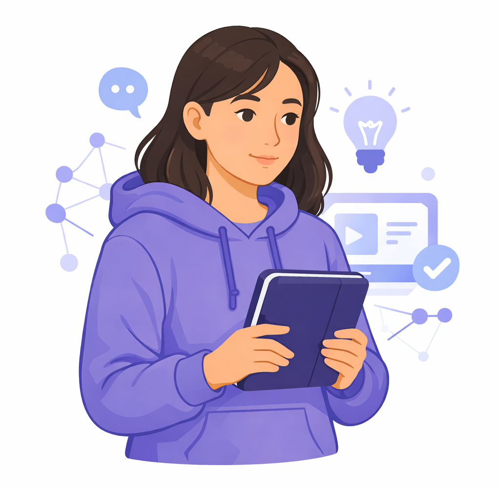 Ilustración de una persona explorando contenido digital en una tableta